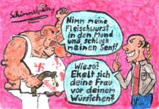 Cartoon: Essensfaschismus (medium) by Schimmelpelz-pilz tagged vegan,vegetarismus,vegetarier,veganer,fleisch,fleischer,metzger