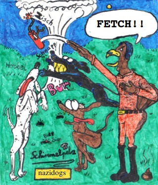 Cartoon: Fetch your stick! (medium) by Schimmelpelz-pilz tagged nazi,nazis,dog,dogs,fetch,stick,dynamite,mine,minefield,war,explosion,explosions