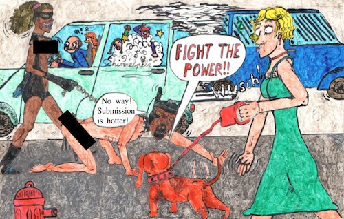 Cartoon: Fight The Power -eng- (medium) by Schimmelpelz-pilz tagged fight,the,power,bdsm,sm,sado,maso,latex,leather,domina,dom,sub,car,street,leine,dog,hound,mask