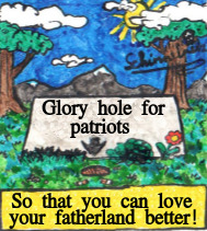 Cartoon: Glory Hole For Patriots (medium) by Schimmelpelz-pilz tagged glory,hole,patriot,patriots,patriotism,right,winged,sky,nature,nationalism,4th,fourth,july,grass,sun,cigarette,butts,tree,nazi,nazis