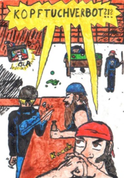 Cartoon: Kopftuchverbot (medium) by Schimmelpelz-pilz tagged biker,bandana,kopftuch,kopftuchverbot,kneipe,bar,billiardtisch,kleidervorschrift
