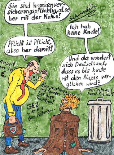 Cartoon: KrankenversicherungsPFLICHT (medium) by Schimmelpelz-pilz tagged eintreiben,fordern,forderung,drohung,krankenkasse,versichert,versicherung,geld,armut,ausbeutung,pflicht,krankenversicherungspflicht