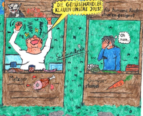 Cartoon: Metzgerspinner (medium) by Schimmelpelz-pilz tagged metzger,fleisch,gemüse,stand,verkauf