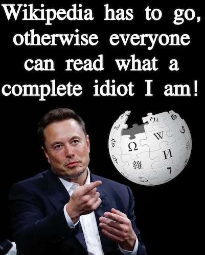 Cartoon: Musk VS Wikipedia (medium) by Schimmelpelz-pilz tagged meme,musky,elon,musk,geek,nerd,nazi,neonazi,afd,idiot,jerk,trump,supporter,it,computer,bitcoin,twitter,social,media,wikipedia,autism,autocracy,autokrat,autismus,autist