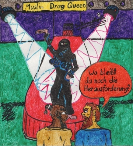 Cartoon: Muslim Drag Queen (medium) by Schimmelpelz-pilz tagged travestie,show,travesty,drag,queen,muslim,burka,niqab,verhüllt,covered,wassermelone,wassermelonen,watermelon,watermelons,bühne,stage,muslimisch,islam,tradition,woman,female,feminine,feminin,verkleidung,costume