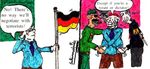 Cartoon: The Duality Of Democracy (medium) by Schimmelpelz-pilz tagged democracy,duality,double,dual,life,cleavage,dissimulation,hypocrisy,human,right,rights,censor,censoring,tyrant,dictator,tyranny,dictatorship,communism,deal,business,negotiation,diplomacy,war,suppression,subjection,greed,profit,weapon,weapons,selling,sale,salesman,salesmen,flag,brutality,intrigue