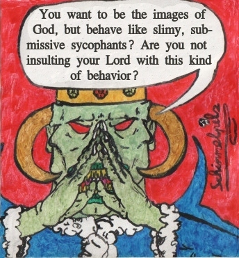 Cartoon: Ebenbilder Gottes (medium) by Schimmelpelz-pilz tagged dämon,demon,devil,teufel,missionierung,missionar,missionary,bekehrung,bekehren,ebenbild,ebenbilder,gott,gottes,images,of,god,sin,sünde,insult,beleidigung,green,grüne,haut,skin,monster,creature,crown,krone,kreatur,abomination,ungeheuer