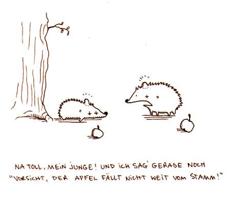 Cartoon: Apfel. (medium) by puvo tagged apfel,igel,stamm,baum,apple,hedgehog,trunk,tree,sprichwort,adage