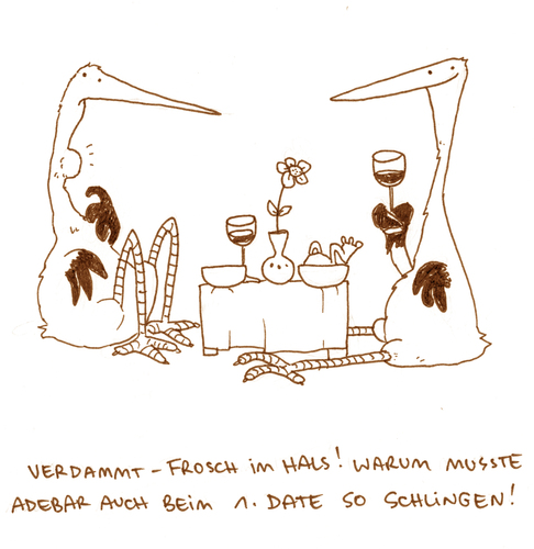 Cartoon: Frosch im Hals (medium) by puvo tagged frosch,frog,storch,stork,hals,throat,dinner,gorge,romantik,paar,date,couple,essen,wine,wein,liebe,schlingen