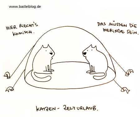 Cartoon: Katzen-Zelturlaub. (medium) by puvo tagged katze,cat,zelten,camping,hering,herring,peg,tent,zelt