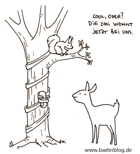 Cartoon: Omi (medium) by puvo tagged eichhörnchen,squirrel,reh,deer,wald,wood,oma,grandma,grandmother,großmutter,alter,lifta,treppenlift,elevator,baum,tree