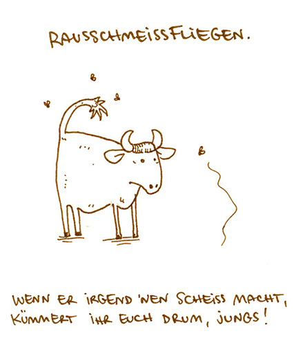 Cartoon: Rausschmeißfliegen. (medium) by puvo tagged schmeißfliege,ochse,bulle,cow,fly,kuh,fliege