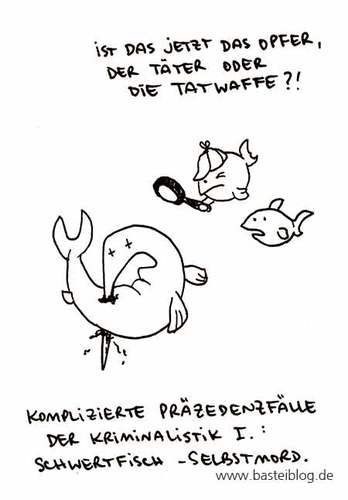 Cartoon: Schwertfischselbstmord. (medium) by puvo tagged schwerfisch,sword,fish,selbstmord,suicide,kriminalfall,crime,murder,mord,waffe,tatwaffe,weapon,tatort,scene