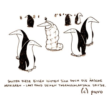 Cartoon: Thermoschlafsack. (medium) by puvo tagged pinguin,penguin,schlafsack,sleeping,bag,thermo,südpol,south,pole,antarktis,antarctic,kalt,cold,frieren,freeze,schnee,snow