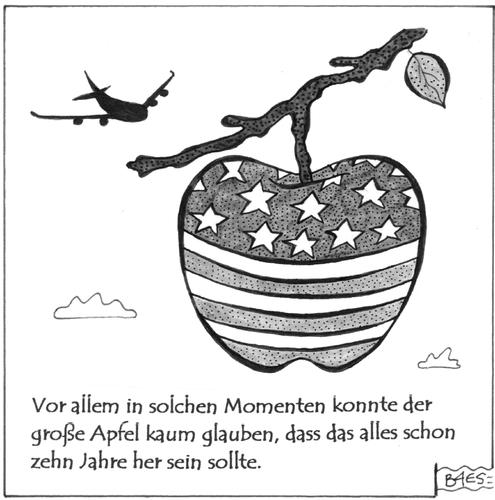 Cartoon: Die Angst des großen Apfels (medium) by BAES tagged center,trade,world,com,toonpool,september11th,cartoons,911,11september,11 september,terror,world trade center,11,september,world,trade,center