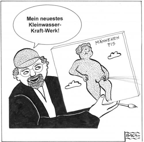 Cartoon: Kleinwasserkraftwerk (medium) by BAES tagged manneken,pis,wasserkraftwerk,kunst,künstler,gemälde,bild,petit,julien,brüssel,wahrzeichen,belgien,statue