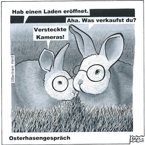 Cartoon: Osterhasengespräch (medium) by BAES tagged hase,osterhase,tier,kamera,versteckt,business,hase,osterhase,tier,kamera,versteckt,business