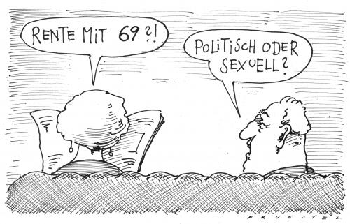 Cartoon: 69 (medium) by Andreas Prüstel tagged rentendiskussion,rentner,rente,senioren,alt,alter,alte,oma,opa,großeltern,geld,finanzen,vorsorge,69