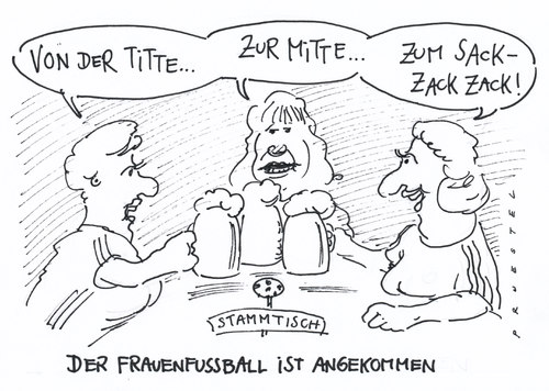 Cartoon: angekommen (medium) by Andreas Prüstel tagged fußball,frauenfußball,stammtisch,bier,rituale,fußball,fussball,frauenfußball,frauenfussball,bier,rituale,frauenwm,frauen weltmeisterschaft,frauen,weltmeisterschaft