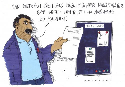 Cartoon: anschlag (medium) by Andreas Prüstel tagged hausmeister,hausflur,mitteilungen,hausmeister,hausflur,mitteilungen,haus,wohnung,wohnen,nachbarn,stadt,muslime,moslem,islamist,anschlag,terrorist,angst,terror,antiterror,sicherheit,schutz,meinungsfreiheit,terrorismus,überwachung,ausspionieren,bespitzeln,abhörsystem,1984,deutsche demokratische republik,kontrolle,postgeheimnis,privatssphäre,11 september,911,afghanistan,al,vorurteil,panik,prävention,skepsis,kultur,drohung,nationalität,verdacht,verdächtigen,geprägt,prägung,ausländerfeindlichkeit,rassismus,gesellschaft,qaida,ayatollah,allah,attentat,fanatiker,fanatismus,hamas,heilige krieg,ideologie,irak,irakkrieg,islam,islamisierung,islamismus,islamkritik,nahost,osama bin laden,selbstmordattentat,terroranschlag,demokratisierung,deutsche,demokratische,republik,11,september,heilige,krieg,osama,bin,laden