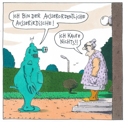 Cartoon: außerirdisch irdisch (medium) by Andreas Prüstel tagged irdisch,außerirdische,oma,haustürgeschäfte,außerirdische,irdisch,haustürgeschäfte,oma,alien