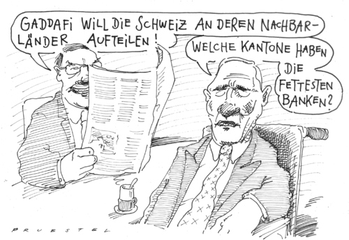 Cartoon: aussichten (medium) by Andreas Prüstel tagged gaddafi,schweiz,schäuble,schweizer,banken,gaddafi,dschihad,schweiz,wolfgang schäuble,schweizer  banken,bank,wolfgang,schäuble,schweizer,banken