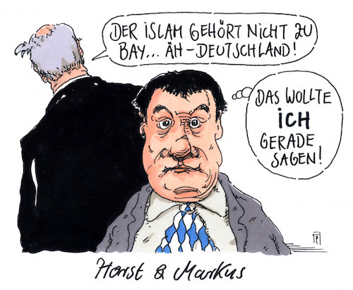 Cartoon: bayrisch-deutsch (medium) by Andreas Prüstel tagged bayern,seehofer,söder,innenminister,heimatminister,ministerpräsident,islam,cartoon,karikatur,andreas,pruestel,bayern,seehofer,söder,innenminister,heimatminister,ministerpräsident,islam,cartoon,karikatur,andreas,pruestel