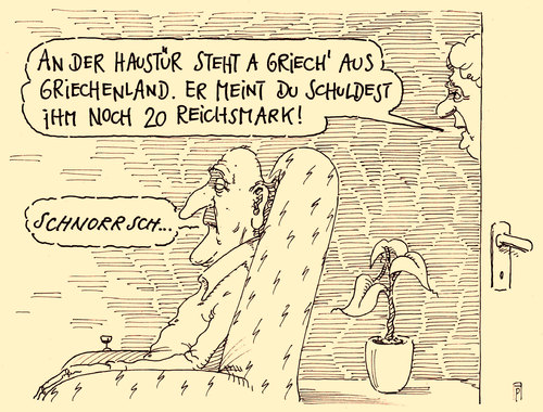 Cartoon: deutsche schulden (medium) by Andreas Prüstel tagged griechenland,deutschland,reparationen,zweiter,weltkrieg,schulden,reichsmark,cartoon,karikatur,andreas,pruestel,griechenland,deutschland,reparationen,zweiter,weltkrieg,schulden,reichsmark,cartoon,karikatur,andreas,pruestel