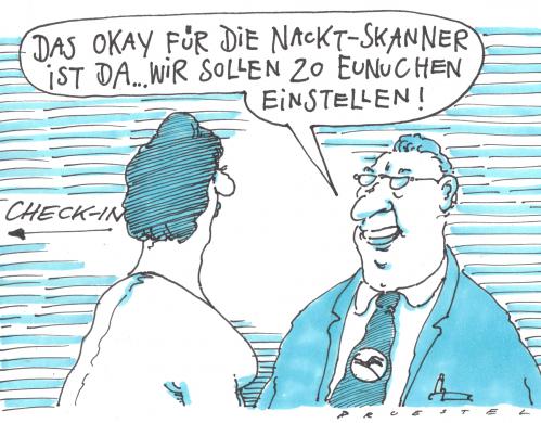 Cartoon: die lösung (medium) by Andreas Prüstel tagged airport,nacktscanner,eunuchen,nacktscanner,scanner,kontrolle,zoll,sicherheit,passagiere,flughafen,flughafenkontrolle,intimsphäre,privatsphäre,geilheit,gelüste,lust,mann,frau,männer,frauen,sexualität,nackt,nacktheit,flugsicherheit,eunuch,eunuchen,kastration,penis,glied,geschlechtsteil,erektion