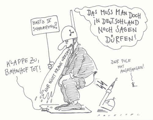 Cartoon: dieser tage (medium) by Andreas Prüstel tagged sarrazin,integration,muslime,akwlaufzeiten,bahnhofstuttgart,polen,kriegsbeginn,gesundheitspolitik,hartz4,thilo sarrazin,integration,muslime,akw,laufzeiten,stuttgart 21,polen,kriegsbeginn,gesundheitspolitik,hartz4,arbeit,job,beruf,atomkraft,thilo,sarrazin,stuttgart,21