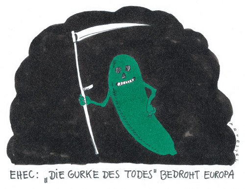 Cartoon: EHECgurke (medium) by Andreas Prüstel tagged ehecerreger,salatgurke,infektion,salatgurke,infektion,ehec,erreger,gurken,gurke,gesundheit,durchfall