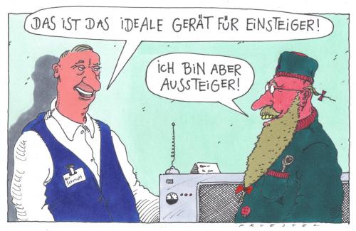 Cartoon: Einsteiger (medium) by Andreas Prüstel tagged einsteiger,aussteiger,einsteiger,aussteiger,gesellschaft,mitglied,alternativbewegungen,alternative,eskapismus,new age bewegung,mainstream,technik,fortschritt,entwicklung,emigration,handel,konsum,konsument,anfänger,beginner,amateur,elektrogeräte,verkäufer,kunde,minderheit,new,age,bewegung