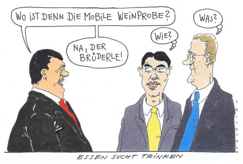 Cartoon: essen sucht trinken (medium) by Andreas Prüstel tagged essen,trinken,gabriel,brüderle,rösler,westerwelle,spd,fdp,essen,trinken,gabriel,brüderle,rösler,westerwelle,fdp,spd