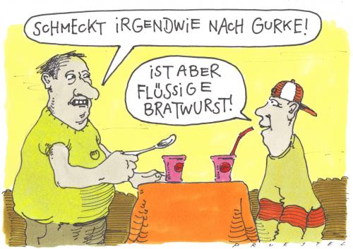 Cartoon: fast essen (medium) by Andreas Prüstel tagged lifestylessen,lifestyle,style,urban,bratwurst,wurst,gastronomie,getränk,trinken,gurke,cocktail,mix,ernährung,nahrung,lebensmittel,flüssigkeit,flüssig,erfindung,trend,geschmack,schmecken,imbiss,fast food,schnellrestaurant,beschleunigung,gesellschaft,kultur,esskultur,fast,food