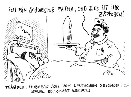 Cartoon: fatma (medium) by Andreas Prüstel tagged mubarak,abgang,deutschesgesundheitswesen,zäpchen,krankenschwester,mubarak,ägypten,protest,rücktritt