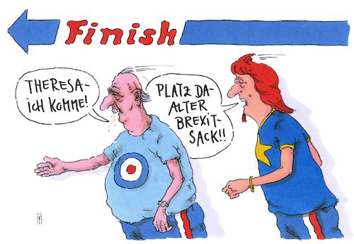 Cartoon: finish (medium) by Andreas Prüstel tagged parlamentswahlen,großbritannien,endspurt,tories,labour,may,corbyn,alte,junge,brexit,cartoon,karikatur,andreas,pruestel,parlamentswahlen,großbritannien,endspurt,tories,labour,may,corbyn,alte,junge,brexit,cartoon,karikatur,andreas,pruestel