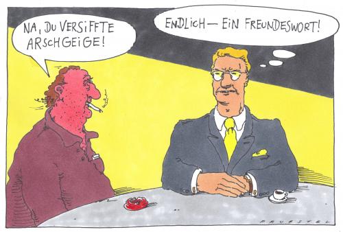 Cartoon: freundschaft (medium) by Andreas Prüstel tagged kneipe,herzlichkeit,freunde,kneipe,bar,freizeit,männer,mann,herzlichkeit,freunde,freundschaft,nächstenliebe,worte,freundlichkeit,höflichkeit,ausdrücke,schimpfwort,beleidigung,kommunikation,wellenlänge,gesellschaft