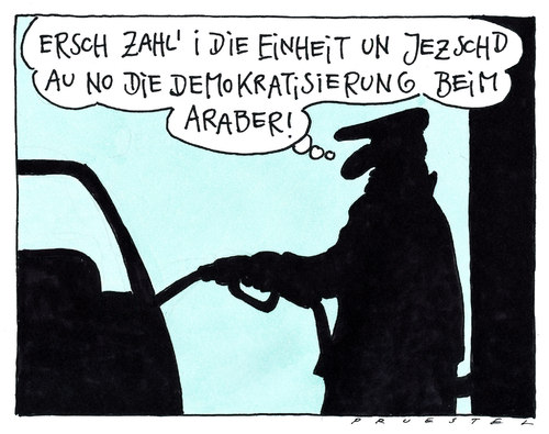 Cartoon: getankengang (medium) by Andreas Prüstel tagged arabischestaaten,oelförderung,benzinpreis,demokratisierung,arabische staaten,öl,benzinpreis,demokratisierung,benzin,sprit,tankstelle,arabische,staaten