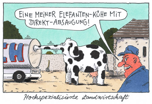 Cartoon: hochspezialisierung (medium) by Andreas Prüstel tagged landwirt,spezialist,spezialisierung,elefantenkuh,milch,landwirt,spezialist,spezialisierung,elefantenkuh,milch,tiere,bauer