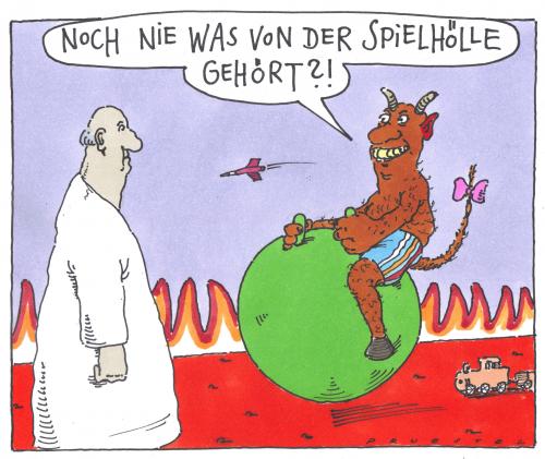 Cartoon: höllisch (medium) by Andreas Prüstel tagged hölle,teufel,spielzeug,himmel,hölle,luzifer,teufel,satan,spielzeug,spielhölle,spielen,spielplatz,spaß,zocken,casino,geld,freizeit,tod,sterben,spielothek,glücksspiel,religion,glaube,bibel,gott