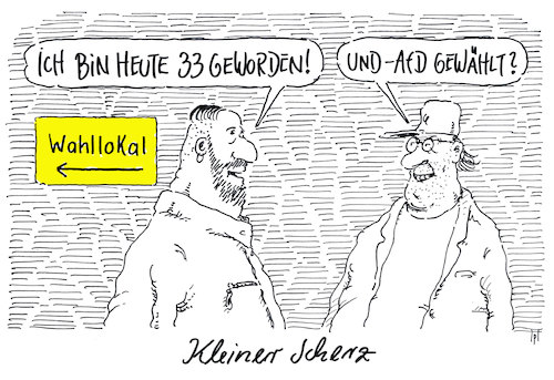 Cartoon: kleiner scherz (medium) by Andreas Prüstel tagged bundestagswahl,wahllokal,wähler,afd,rechspopulismus,nazismus,neunzehnhundertdreiunddreißig,cartoon,karikatur,andreas,pruestel,bundestagswahl,wahllokal,wähler,afd,rechspopulismus,nazismus,neunzehnhundertdreiunddreißig,cartoon,karikatur,andreas,pruestel