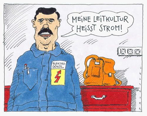 Cartoon: leitkultur (medium) by Andreas Prüstel tagged deutscheleitkultur,immigration,integration,türkei,elektriker,elektrischerstrom,deutscheleitkultur,immigration,integration,türkei,elektriker,elektrischerstrom