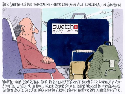 Cartoon: loreley (medium) by Andreas Prüstel tagged loreley,rhein,bahn,todkrank,letzter,wunsch,lunzenau,sachsen,koffer,cartoon,karikatur,andreas,pruestel,loreley,rhein,bahn,todkrank,letzter,wunsch,lunzenau,sachsen,koffer,cartoon,karikatur,andreas,pruestel