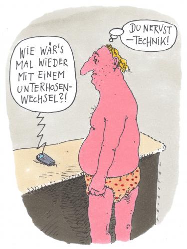 Cartoon: mahnung (medium) by Andreas Prüstel tagged handyfunktionen,handy,telefon,mobiltelefon,funktelefon,telefonieren,technik,fortschritt,entwicklung,technologie,high tech,funktion,handyfunktion,extras,service,innovation,erinnerungsfunktion,sprechen,gerät,mensch,maschine,erinnern,gedächtnis,hilfe,hygiene,mann,männer,unterhose,sauber,schmutzig,sprachfunktion,sprache,organizer,sekretärin,high,tech