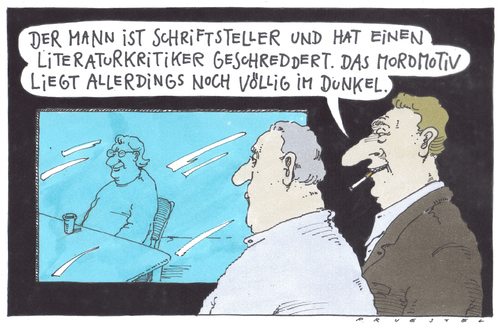 Cartoon: mordmotiv (medium) by Andreas Prüstel tagged mörder,kriminalisten,schriftsteller,kritiker,mordmotiv,mörder,kriminalisten,schriftsteller,kritiker,mordmotiv,mord,kriminalität,verbrechen,verbrecher,literatur,bücher,motiv,kritik