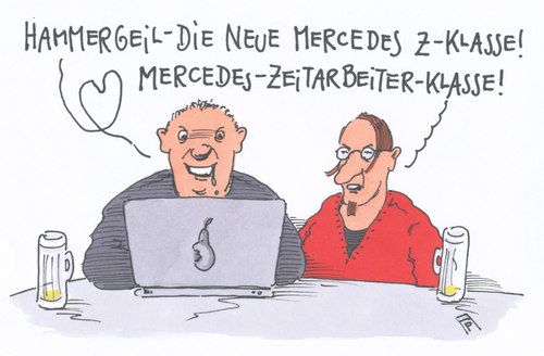 Cartoon: neu bei daimler (medium) by Andreas Prüstel tagged prüstel,andreas,karikatur,cartoon,image,werkverträge,leiharbeit,zeitarbeit,premiumauto,nobelkarosse,sklasse,benz,mercedes,daimler,daimler,mercedes,benz,sklasse,nobelkarosse,premiumauto,zeitarbeit,leiharbeit,werkverträge,image,cartoon,karikatur,andreas,prüstel