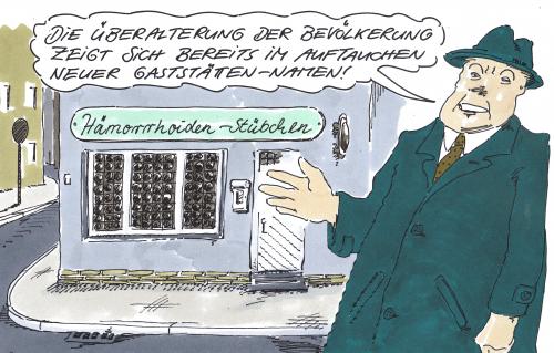 Cartoon: neuer wirt (medium) by Andreas Prüstel tagged überalterung,kneipe,überalterung,kneipe,bar,kultur,demografie,bevölkerung,bürger,gesellschaft,evolution,alter,alt,opa,oma,großeltern,leben,hämorrhoiden,freizeitgestaltung,freizeit,beschwerden,krankheit,krankheiten,gebrechen,körper,mitleid,gaststätte,kaffeeklatsch,kommunikation,sorgen,leid