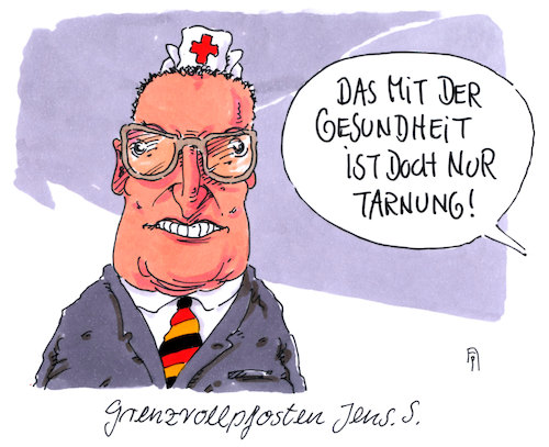 Cartoon: nur tarnung (medium) by Andreas Prüstel tagged gesundheitsminister,jens,spahn,recht,und,ordnung,cartoon,karikatur,andreas,pruestel,gesundheitsminister,jens,spahn,recht,und,ordnung,cartoon,karikatur,andreas,pruestel