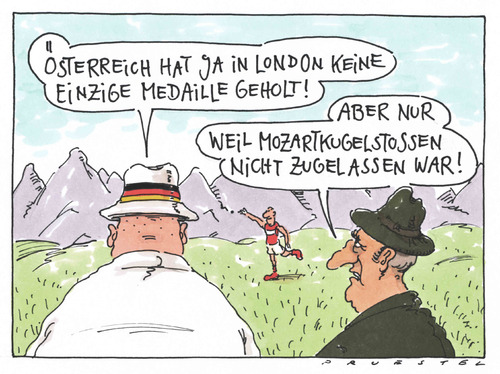 Cartoon: olympia österreich (medium) by Andreas Prüstel tagged olympiade,london,österreich,medaillenwertng,kugelstoßen,mozartkugel