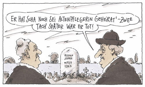 Cartoon: pflegenotstand (medium) by Andreas Prüstel tagged altenpflege,pflegenotstand,tod,heirat,friedhof,cartoon,karikatur,altenpflegerin,altenpflege,pflegenotstand,tod,heirat,friedhof,cartoon,karikatur,altenpflegerin